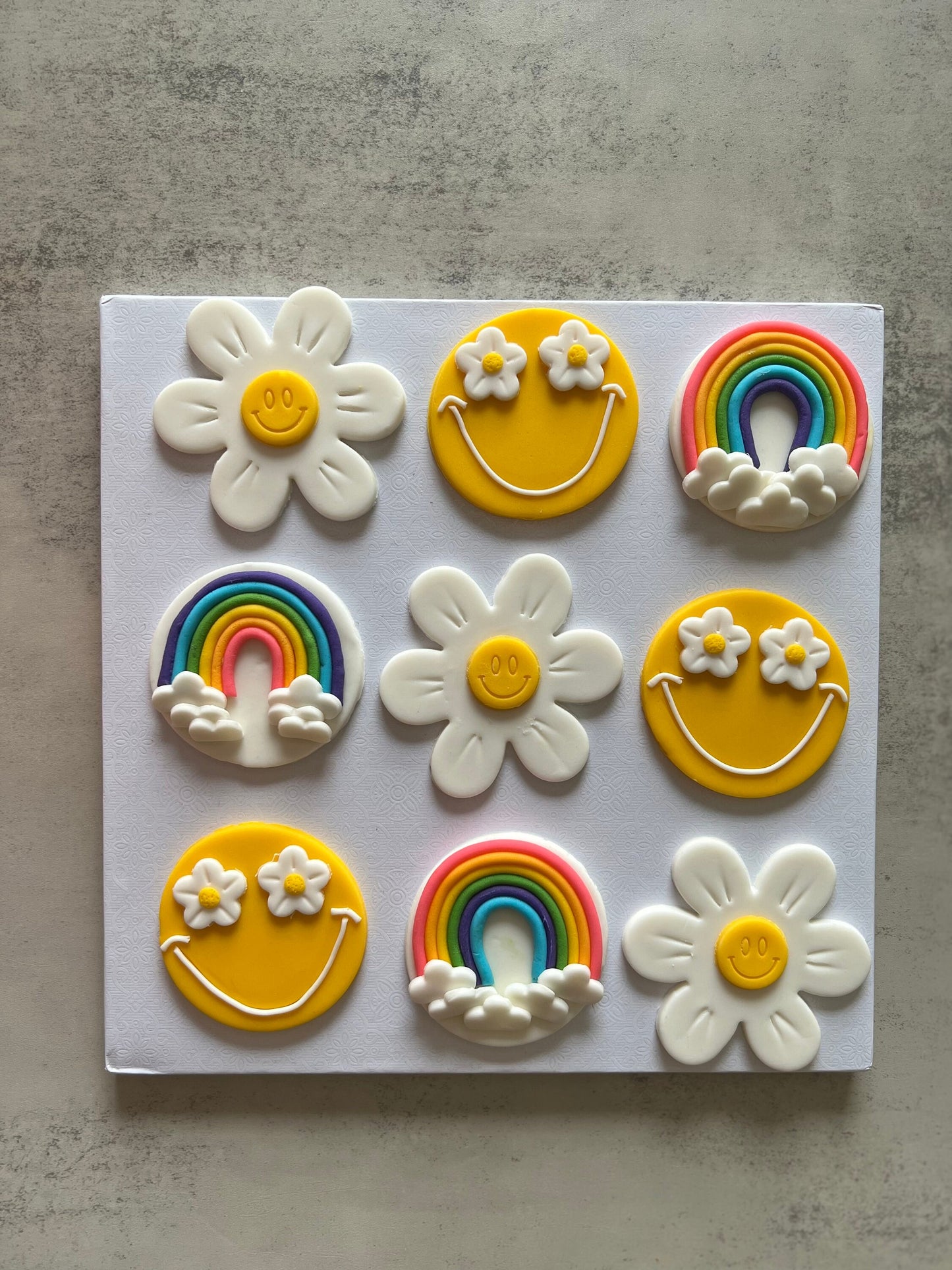 Flower, Rainbows, & Smiley Face fondant Topper Set