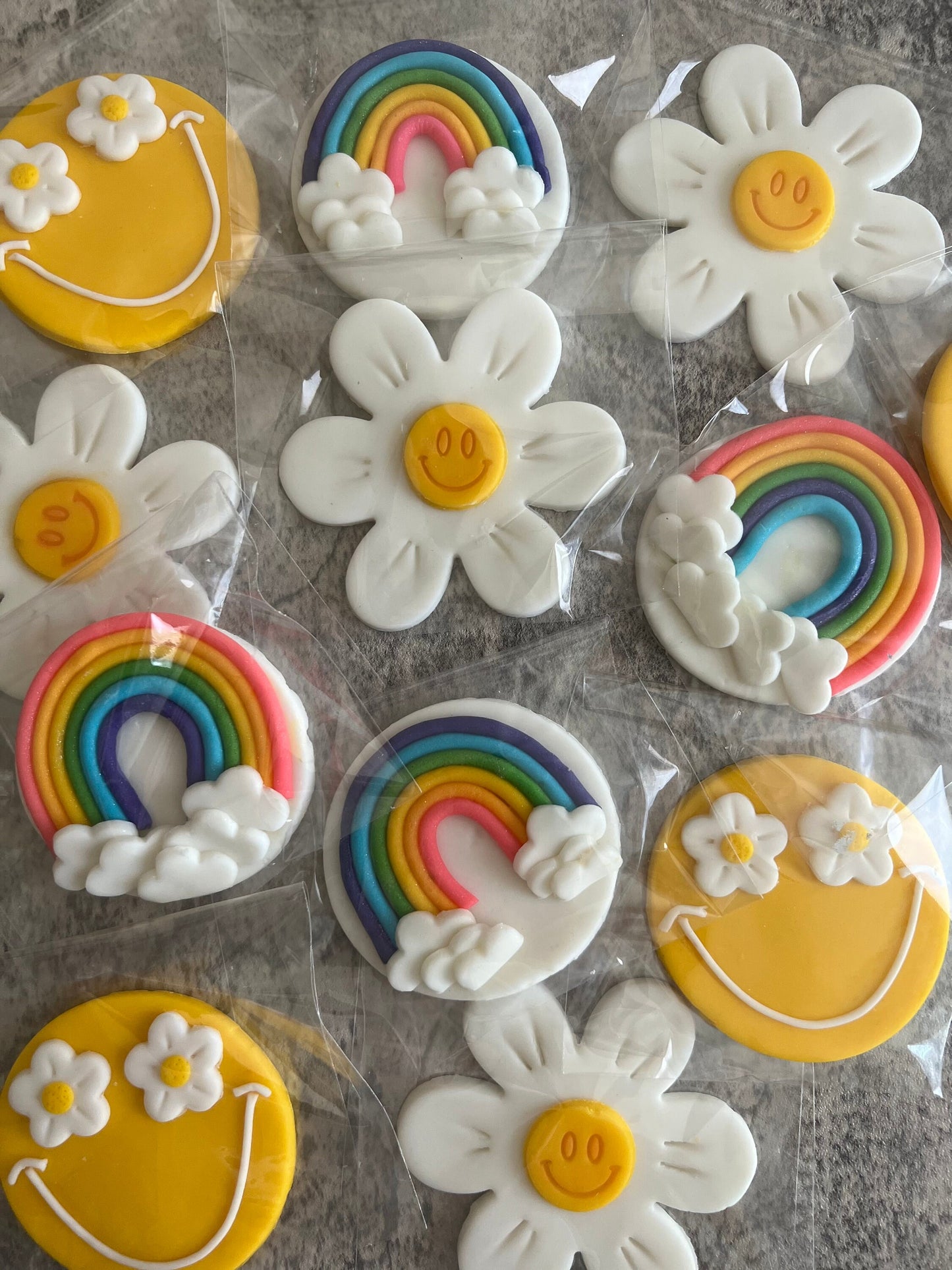 Flower, Rainbows, & Smiley Face fondant Topper Set